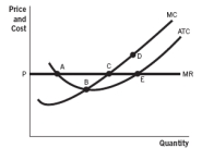 Refer to the accompanying figure. Point _________ corresponds to the profit-maximizing quantity that a competitive firm would produce.   A)  A B)  B C)  C D)  D E)  E
