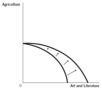 Use these production possibilities frontier (PPF)  curves, which compare the ancient production of agricultural products to art and literature, to answer the next four questions. a.Graph A     b.Graph B     c.Graph C     d.Graph D     e.Graph E    -Suppose a new generation of baby boomers is entering the workforce.Which graph best depicts how this would affect the PPF? A)  Graph A B)  Graph B C)  Graph C D)  Graph D E)  Graph E