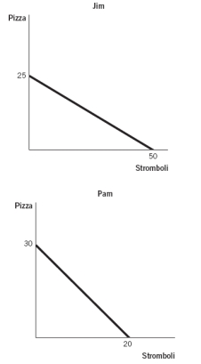 The figures below depict the production possibilities frontiers (PPFs)  for two people who can allocate the same amount of time between building wooden boats and solving crimes. Refer to these figures to answer the next two questions.    -Which statement best describes the absolute advantage as shown in the graphs?   A)  Pam has an absolute advantage in the production of both. B)  Jim has an absolute advantage in the production of both. C)  Jim has an absolute advantage in the production of pizzas, and Pam has an absolute advantage in the production of stromboli. D)  Pam has an absolute advantage in the production of pizzas, and Jim has an absolute advantage in the production of stromboli. E)  They both have an absolute advantage in the production of stromboli.