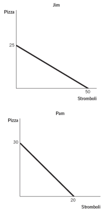 The accompanying figures depict the production possibilities frontiers (PPFs)  for two people who can allocate the same amount of time between making pizzas and making stromboli.Which statement about comparative advantage is true?   A)  Jim has a comparative advantage in the production of stromboli because his opportunity cost is lower. B)  Jim has a comparative advantage in the production of stromboli because his opportunity cost is higher. C)  Jim has a comparative advantage in the production of pizzas because his opportunity cost is lower. D)  Jim has a comparative advantage in the production of pizzas because his opportunity cost is higher. E)  Jim has a comparative advantage in the production of both pizzas and stromboli.