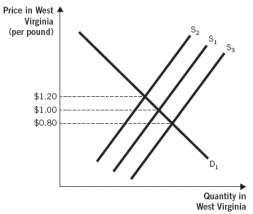 The following two graphs depict the equilibrium price of a pound of flax seed in Kentucky and West Virginia, respectively. Assume the type and quality of the flax seed being sold in the two states are identical. Further, assume flax seed sellers incur zero costs to transport flax seed between the two states and that there are no other barriers to trade. Use these graphs to answer the next two questions:        -Suppose the price of a pound of flax seed in West Virginia is currently $1.00.The law of one price suggests that because the price of a pound of flax seed is $1.20 in Kentucky,the price of a pound of flax seed will be ___________ in West Virginia after sellers adjust their supply in both markets. A)  $1.20 B)  $1.00 C)  $0.80 D)  between $1.20 and $1.00 E)  between $1.00 and $0.80