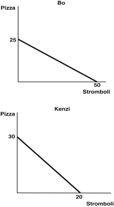 use the figure below  to answer the following questions : the figure depict the production possibilities frontiers (PPFs) for two people who can allocate the same amount of time between making pizzas and making stromboli.    -What is Bo's opportunity cost of making 1 pizza? A)  50 stromboli B)  20 stromboli C)  2.5 stromboli D)  2 stromboli E)  1.5 stromboli