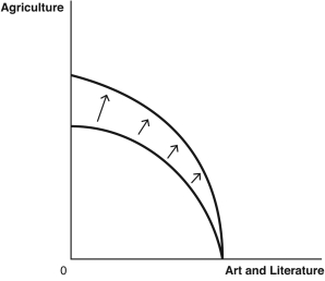 use the figures below  to answer the following questions : the production possibilities frontier (PPF) curves,which compare the ancient production of agricultural products to art and literature A.   B.   C.   D.   E.   -Suppose the printing press is invented.Which graph best depicts how this would affect the PPF? A)  Graph A B)  Graph B C)  Graph C D)  Graph D E)  Graph E