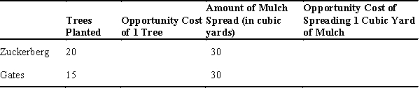 On a particular Saturday,Mark Zuckerberg and Bill Gates can either plant trees or spread mulch in their gardens.Their maximum output per day is listed in the following table,along with spaces where you can calculate the opportunity cost.   -Based on this scenario,who has an absolute advantage in spreading mulch? A)  Zuckerberg has the advantage because he gives up fewer trees each time he spreads 1 cubic yard of mulch. B)  Gates has the advantage because he gives up fewer trees each time he spreads 1 cubic yard of mulch. C)  Zuckerberg has the advantage because he gives up more trees each time he spreads 1 cubic yard of mulch. D)  Neither has an absolute advantage in spreading mulch. E)  Both parties have an absolute advantage in planting trees.