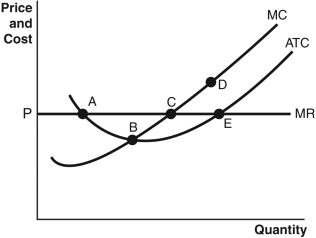 Refer to the accompanying figure.Point ________ corresponds to the profit-maximizing quantity that a competitive firm would produce.   A)  A B)  B C)  C D)  D E)  E
