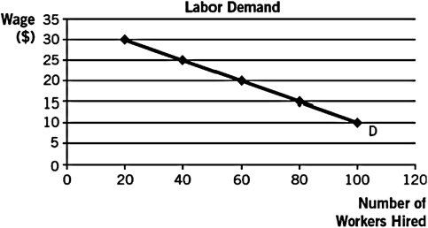 Use the following graph,which depicts Mighty Max's labor demand for his duffel bag business,to answer the following questions.The labor demand curve shown is calculated based on a duffel bag price of $10.    -If the wage is $20,Mighty Max will hire __________ workers. A)  20 B)  30 C)  40 D)  50 E)  60
