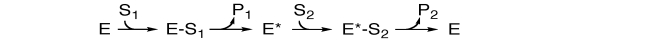 In the following enzyme reaction scheme,what sort of multi-enzyme kinetics are shown?   A) ordered substrate binding with random product release B) ordered substrate binding with ordered product release C) random substrate binding with ordered product release D) random substrate binding with random product release E) ping-pong mechanism