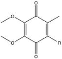 Using the structure of coenzyme Q,show one reaction to produce the semiquinone and the subsequent reaction to produce the hydroquinone forms of the molecule.(R represents the isoprenoid tail).  