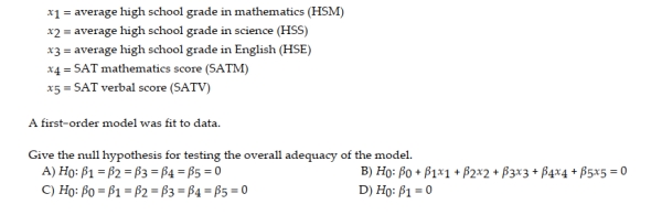 As part of a study at a large university, data were collected on n = 224 freshmen computer science (CS) majors in a particular year. The researchers were interested in modeling y, a student's grade point average (GPA) after three semesters, as a function of the following independent variables (recorded at the time the students enrolled in the university):