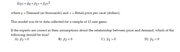 A certain type of rare gem serves as a status symbol for many of its owners. In theory, for low prices, the demand decreases as the price of the gem increases. However, experts hypothesize that when the gem is valued at very high prices, the demand increases with price due to the status the owners believe they gain by obtaining the gem. Thus, the model proposed to best explain the demand for the gem by its price is the quadratic model