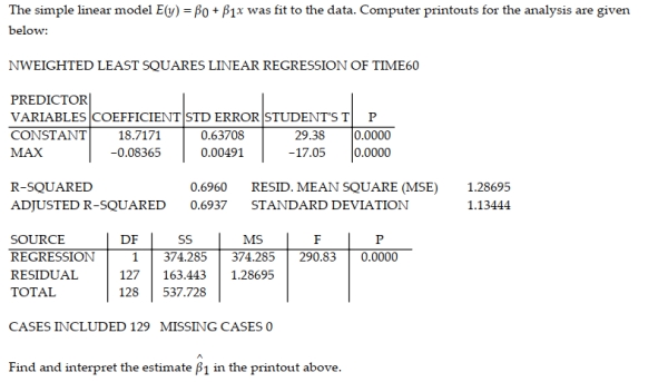 In a comprehensive road test for new car models, one variable measured is the time it takes the car to accelerate from 0 to 60 miles per hour. To model acceleration time, a regression analysis is conducted on a random sample of 129 new cars. TIME60: y = Elapsed time (in seconds) from 0 mph to 60 mph MAX: x = Maximum speed attained (miles per hour)