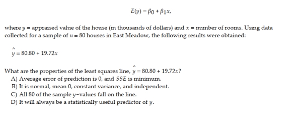 A county real estate appraiser wants to develop a statistical model to predict the appraised value of houses in a section of the county called East Meadow. One of the many variables thought to be an important predictor of appraised value is the number of rooms in the house. Consequently, the appraiser decided to fit the simple linear regression model: