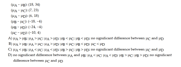 A multiple-comparison procedure for comparing four treatment means produced the confidence intervals shown below. For each pair of means, indicate which mean is larger or indicate that there is no significant difference.