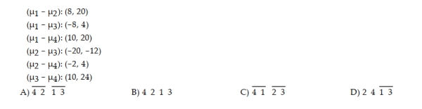 A multiple-comparison procedure for comparing four treatment means produced the confidence intervals shown below. Rank the means from smallest to largest. Use solid lines to connect those means which are not significantly different.