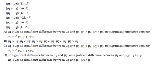 A multiple-comparison procedure for comparing four treatment means produced the confidence intervals shown below. For each pair of means, indicate which mean is larger or indicate that there is no significant difference.