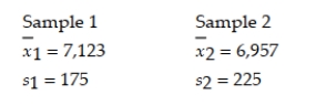 In order to compare the means of two populations, independent random samples of 144 observations are selected from each population with the following results. Use a 95% confidence interval to estimate the difference between the population means (μ1 - μ2). Interpret the confidence interval.