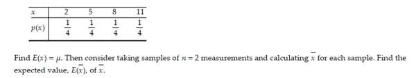 The probability distribution shown below describes a population of measurements that can assume values of 2, 5, 8, and 11, each of which occurs with the same frequency: