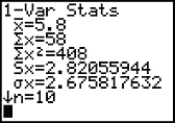Which number on the screen below is the sample standard deviation of the data?   A)  2.82 B)  408 C)  5.8 D)  2.67