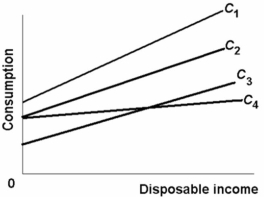   -Refer to the consumption schedules shown in the above diagram for economies 1, 2, 3, and 4. The MPC is greatest in economy: A)  1. B)  2. C)  3. D)  4.