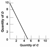 Refer to the budget line shown in the diagram below. If the consumer's money income is $20, the:   A)  prices of C and D cannot be determined. B)  price of C is $2 and the price of D is $4. C)  consumer can obtain a combination of 5 units of both C and D D)  price of C is $4 and the price of D is $2.