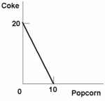 Refer to the diagram below, suppose you have a money income of $10 all of which you spend on Coke and boxes of popcorn. The prices of Coke and popcorn respectively are:   A)  $.50 and $1.00. B)  $1.00 and $.50. C)  $1.00 and $2.00. D)  $.40 and $.50.