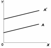 Refer to the graph. The movement from line A to line A' represents a change in:   A)  the slope only. B)  the intercept only. C)  both the slope and the intercept. D)  neither the slope nor the intercept.