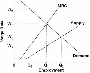   Refer to the above graph.Under monopsony in the sale of output and hiring of labor services,the wage rate will be: A)  W<sub>1</sub> and Q<sub>1</sub> workers will be hired. B)  W<sub>2</sub> and Q<sub>2</sub> workers will be hired. C)  W<sub>2</sub> and Q<sub>1</sub> workers will be hired. D)  W<sub>3</sub> and Q<sub>1</sub> workers will be hired.