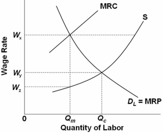   Refer to the above graph.If a monopsonist bargains with an inclusive union,as shown,the wage rate will be: A)  W<sub>y</sub>. B)  W<sub>x</sub>. C)  W<sub>z</sub>. D)  Cannot be determined.