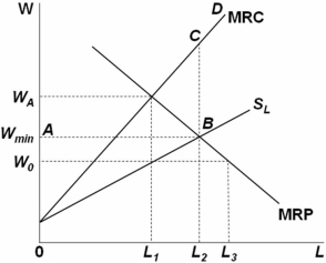   Senator Approxmire opposes a proposal requiring that the monopsonist pay a minimum wage of at least W<sub>min</sub>,stating:  Even if the labor market is monopsonistic,economic theory unambiguously demonstrates that imposing a minimum wage causes employment to fall.  Senator Approxmire is: A)  correct because the law of demand states that as the wage rises,the firm demands less labor. B)  incorrect because the monopsonist would offer a wage of W<sub>A</sub>,which is higher than W<sub>min</sub>,and maintain its employment at L<sub>1</sub>. C)  incorrect because the monopsonist's effective MRC curve becomes ABCD,which means that it would choose to hire more workers,from L<sub>1</sub> to L<sub>2</sub>,following the imposition of the minimum wage. D)  correct because the graph indicates that at the wage of W<sub>min</sub>,the monopsonist would not make a profit from hiring labor and so would not hire any at all.