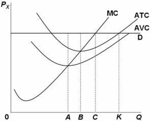   Refer to the above graph.The level of output at which this firm will shut down is: A)  0A. B)  0B. C)  0C. D)  0K.