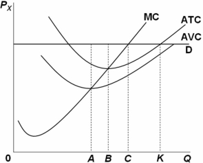   Refer to the above graph.The level of output at which this firm is maximizing an economic profit is: A)  0A. B)  0B. C)  0C. D)  0K.