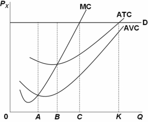   Refer to the above graph.The profit-maximizing level of output for the firm is: A)  0A. B)  0B. C)  0C. D)  0K.