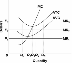  Refer to the above diagram.All data are for the short run.If product price is P<sub>3</sub>,the firm will: A)  produce Q<sub>4</sub> units and break even. B)  produce Q<sub>4</sub> units and make an economic profit. C)  produce Q<sub>5</sub> units and break even. D)  shut down.