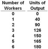   Refer to the above data.The marginal product of the sixth worker is: A)  180 units of output. B)  30 units of output. C)  15 units of output. D)  negative. The sixth worker added 15 (180 - 165) units to output.This is her marginal product.