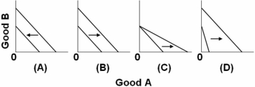   Refer to the above graphs.Which pairs of budget constraints represent only a decrease in the price of good A,but no change in income? A)  Graph A B)  Graph B C)  Graph C D)  Graph D