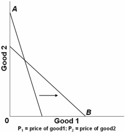  In the graph above,A is the initial budget line and B is the new budget line.Which of the following changes might have occurred? A)  P<sub>1</sub> was unchanged,P<sub>2</sub> increased,income decreased. B)  P<sub>1</sub> decreased,P<sub>2</sub> increased,income was unchanged. C)  P<sub>1</sub> increased,P<sub>2</sub> decreased,income was unchanged. D)  P<sub>1</sub> decreased,P<sub>2</sub> was unchanged,income increased.