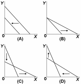   Refer to the above graphs.Which of the above pairs of budget constraint lines illustrates a decrease in the price of good X and an increase in the price of good Y? A)  Graph A B)  Graph B C)  Graph C D)  Graph D