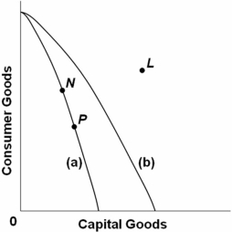   Refer to the above production possibilities curves.Curve (a) is the current curve for the economy.Other things being equal,society's current choice of point P on curve (a) will: A)  allow it to achieve more rapid economic growth than would the choice of point N. B)  entail a slower rate of economic growth than would the choice of point N. C)  entail the same rate of growth as would the choice of point N. D)  be unobtainable because it exceeds the productive capacity of the economy.
