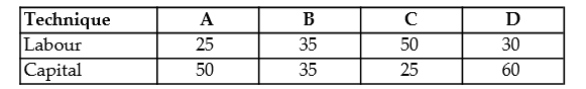 <strong>The table below shows the number of units of labour and capital used in 4 alternative production techniques for producing 1000 widgets per month. TABLE 8-1 Refer to Table 8-1. If the price of labour is $10 and the price of capital is $5, which production technique minimizes the costs of producing 1000 units of output?</strong> A) A B) B C) C D) D E) Any of the techniques have the same cost.