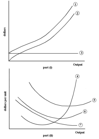 The diagram below shows some short-run cost curves for a firm.   FIGURE 7-2 -Refer to Figure 7-2. Which of the following choices correctly identifies the cost curves in part (i)  ofthe figure? A)  Curve 1 is the total cost curve. Curve 2 is the total variable cost curve. Curve 3 is the average fixed cost curve. B)  Curve 1 is the total cost curve. Curve 2 is the total variable cost curve. Curve 3 is the total fixed cost curve. C)  Curve 1 is the total marginal cost curve. Curve 2 is the total average cost curve. Curve 3 is the total average fixed cost curve. D)  Curve 1 is the total fixed cost curve. Curve 2 is the total variable cost curve. Curve 3 is the total cost curve. E)  Curve 1 is the total variable cost curve. Curve 2 is the total cost curve. Curve 3 is the total fixed cost curve.