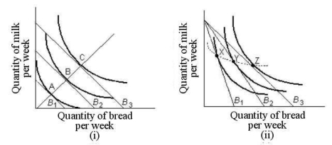 Choose the one alternative that best completes the statement or answers the question.   FIGURE 6-8 -Refer to Figure 6-8. In part (ii) , the line joining points X, Y, and Z is known asshows how _. A)  an indifference map; the value of various combinations of two goods changes. B)  an income-consumption line; consumption changes with changing relative prices and constant income C)  a price-consumption line; consumption changes as relative prices change, with money income constant D)  an income-consumption line; consumption changes as income changes, with relative prices held constant E)  a price-consumption line; consumption changes as money income and relative prices change