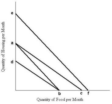 The diagram below shows a set of budget lines facing a household.   FIGURE 6-7 -Refer to Figure 6-6. A)  under the demand curve to the left of Q0, but above P0. B)  under the demand curve to the left of Q0. C)  under the entire demand curve. D)  above the market price. E)  below P0 and to the left of Q0.