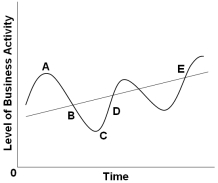   Refer to the diagram above. The straight line E drawn through the wavy lines would provide an estimate of the: A)  Recession fluctuation B)  Economic growth trend C)  Natural rate of unemployment D)  Recovery trend