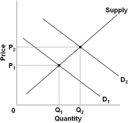   Refer to the above graph showing the market for a product. Which of the following could not explain the indicated increase in equilibrium price from P<sub>1</sub> to P<sub>2</sub>? A)  An increase in consumer incomes B)  An increase in production costs C)  A decrease in the price of a complementary product D)  An increase in the price of a substitute product