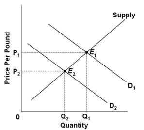   Refer to the above graph, which shows the market for beef where demand shifted from D<sub>1</sub> and D<sub>2</sub>. The change in equilibrium from E<sub>1</sub> to E<sub>2</sub> is most likely to result from: A)  A decrease in consumer incomes B)  An increase in the cost of cattle feed C)  An increase in the price of pork D)  A decrease in the tax on beef products