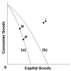   Refer to the above production possibilities curves. Curve (a)  is the current curve for the economy. Focusing on curve (a) , point N suggests that the economy currently produces: A)  More goods for the future than at point P B)  Less goods for the future than at point P C)  Less goods for the present than at point P D)  A combination of output that is less than its potential