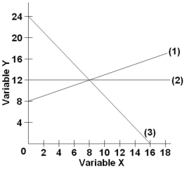   The slope of line (2)  on the above graph is: A)  0 B)  12 C)  18 D)  Infinite