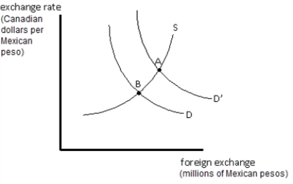   -Refer to the graph in the exhibit.Which of the following would NOT cause the demand for pesos to shift from D to D'?   A)  an increase in income in Canada  B)  inflation in Canada  C)  a fall in income in Canada  D)  an increase in wealth in Canada