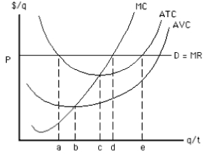 Exhibit 8-6    -Consider Exhibit 8-6.At which quantity will this firm maximize profit? A)  point a B)  point b C)  point c D)  point d E)  point e