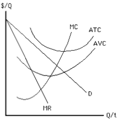 NARRBEGIN: Exhibit 9-13 Exhibit 9-13    -In the short run, the monopolist depicted in Exhibit 9-13 should A)  shut down because P < AVC at some output levels B)  shut down because P < ATC at all output levels C)  continue producing because P > AVC at some output levels D)  continue producing because P > ATC at all output levels E)  continue producing because monopolists never shut down
